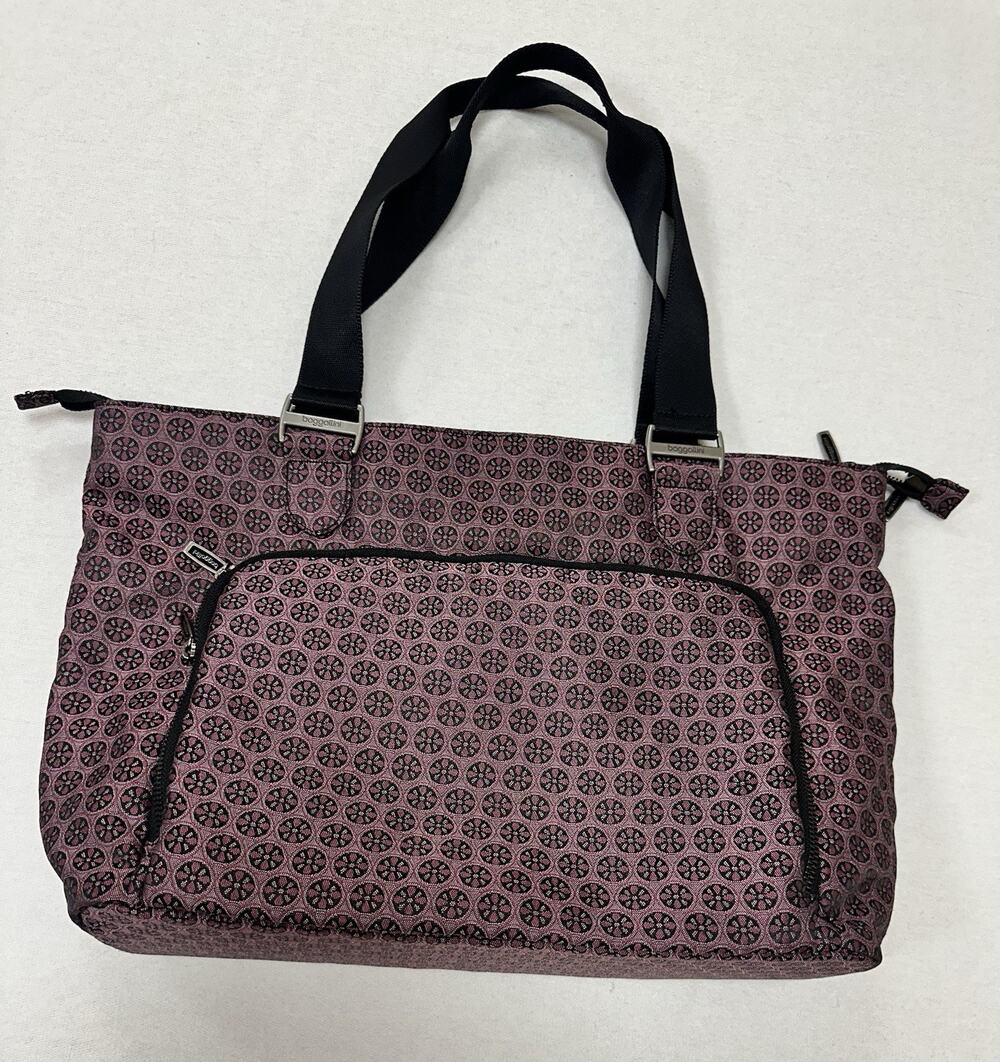 Baggallini Med Size Carryall Tote Bag Floral Geometric Pink Black Laptop Padded